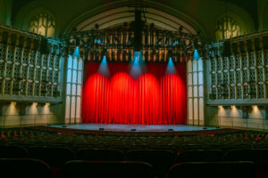 Bovard stage with theatrical lights