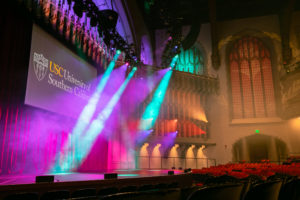 Bovard stage with theatrical lights