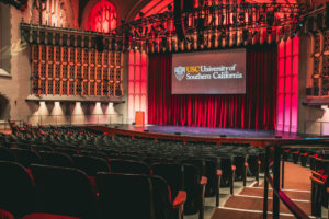Bovard stage with screen down from orchestra level